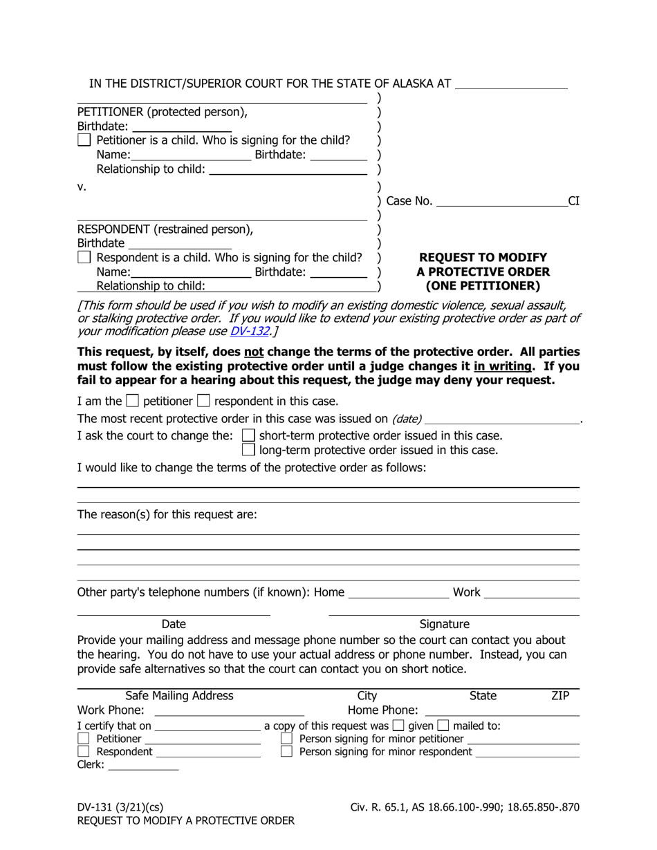 Form DV-131 Request to Modify a Protective Order (One Petitioner) - Alaska, Page 1