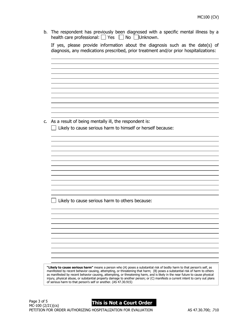 Form MC-100 Petition for Order Authorizing Hospitalization for Evaluation - Alaska, Page 3