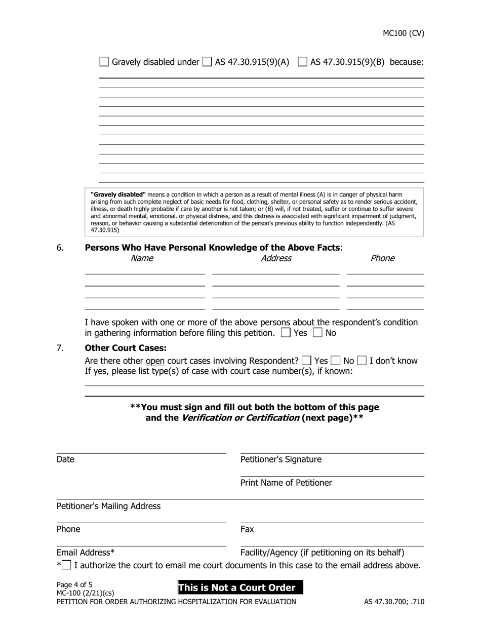 Form MC-100 Petition for Order Authorizing Hospitalization for Evaluation - Alaska, Page 4