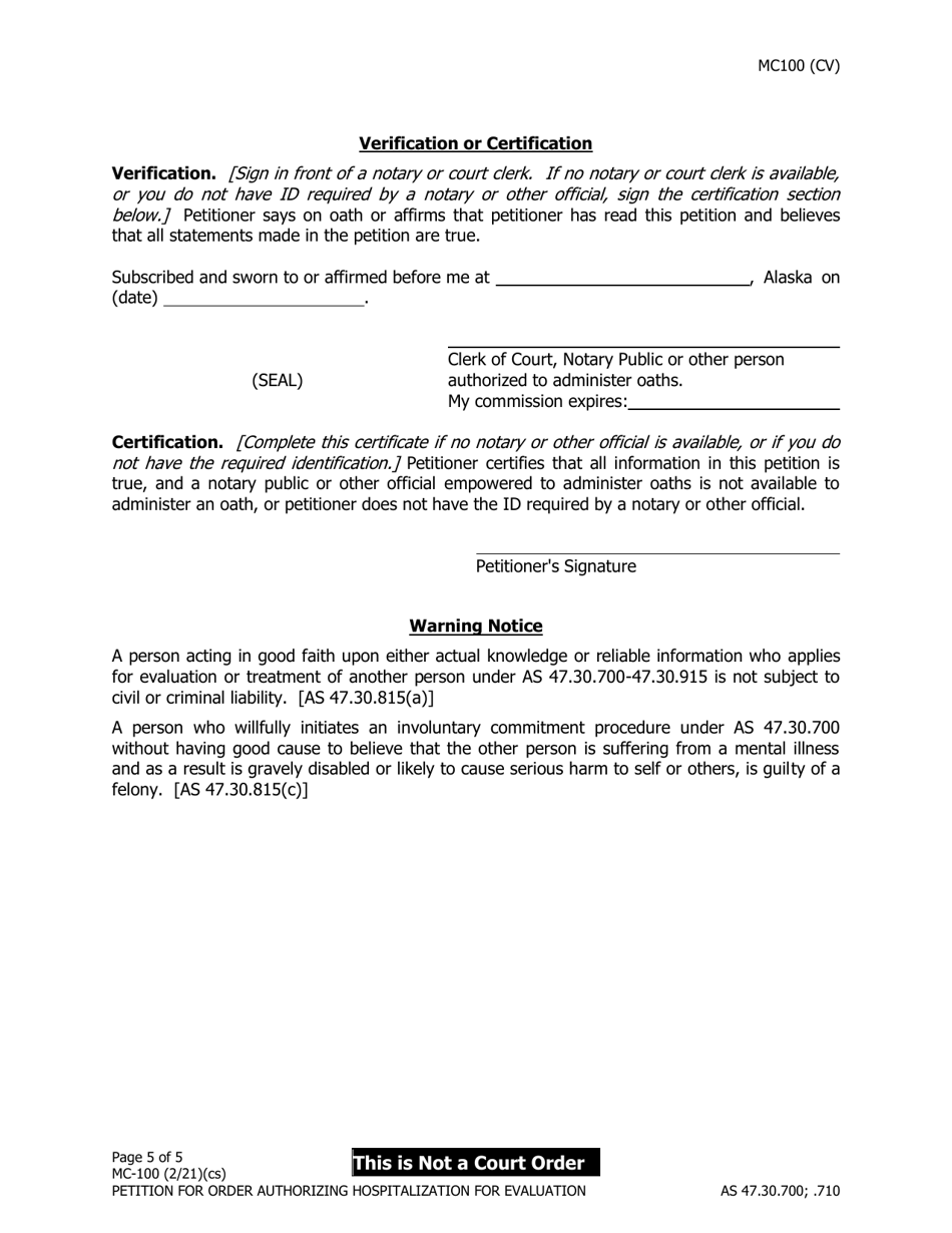 Form MC-100 Petition for Order Authorizing Hospitalization for Evaluation - Alaska, Page 5