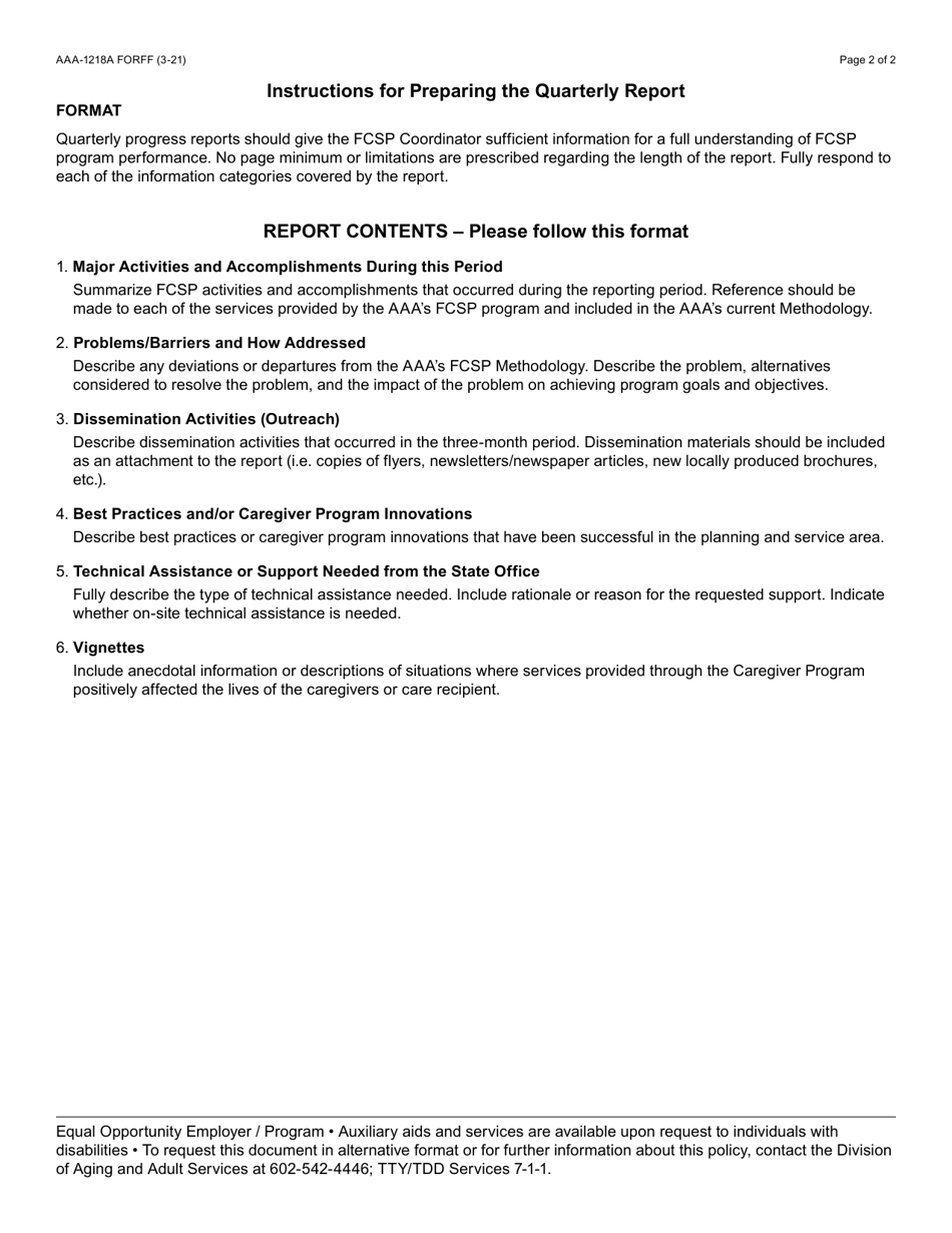 Form AAA-1218A Arizona Family Caregiver Support Program (Fcsp) Quarterly Summary Report - Arizona, Page 2