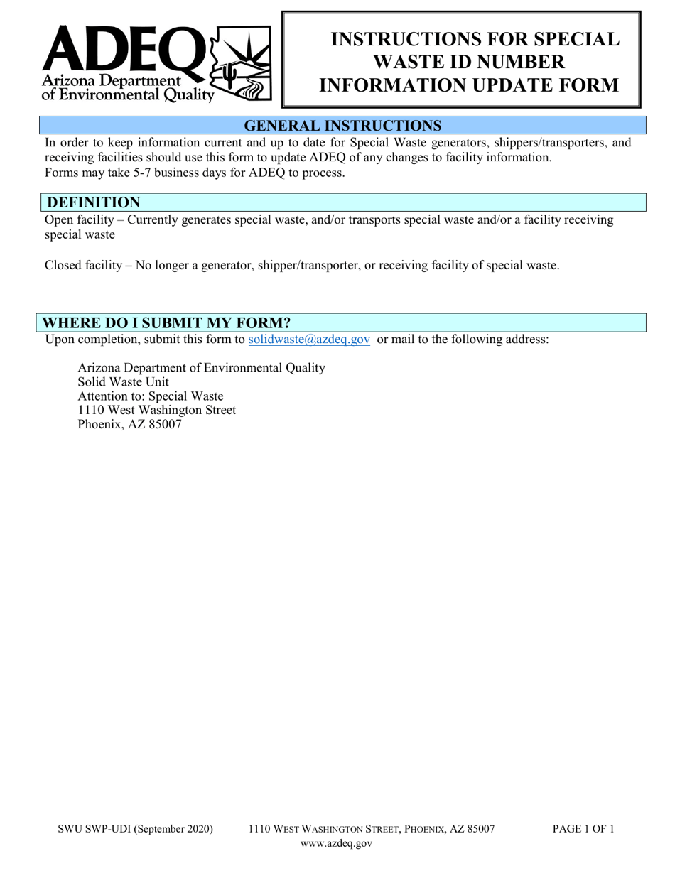 Form SWU SWP-UDI Special Waste Id Number Information Update Form - Arizona, Page 1