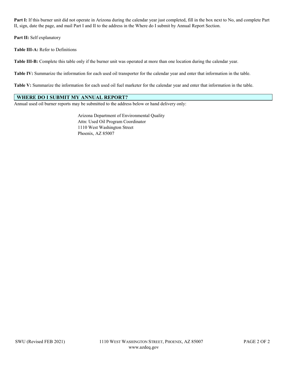 Form SWU Used Oil Burner Annual Report - Arizona, Page 2