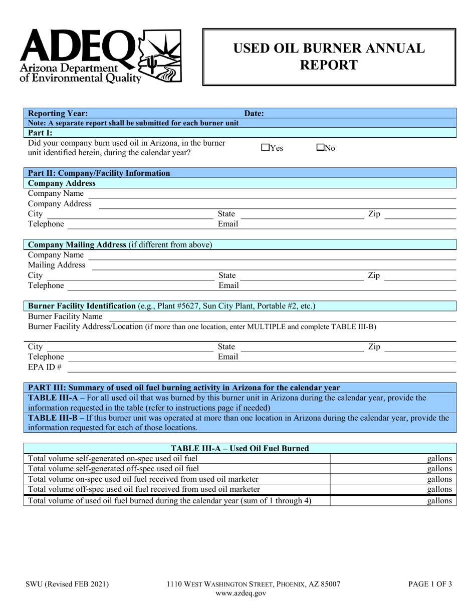 Form SWU Used Oil Burner Annual Report - Arizona, Page 3