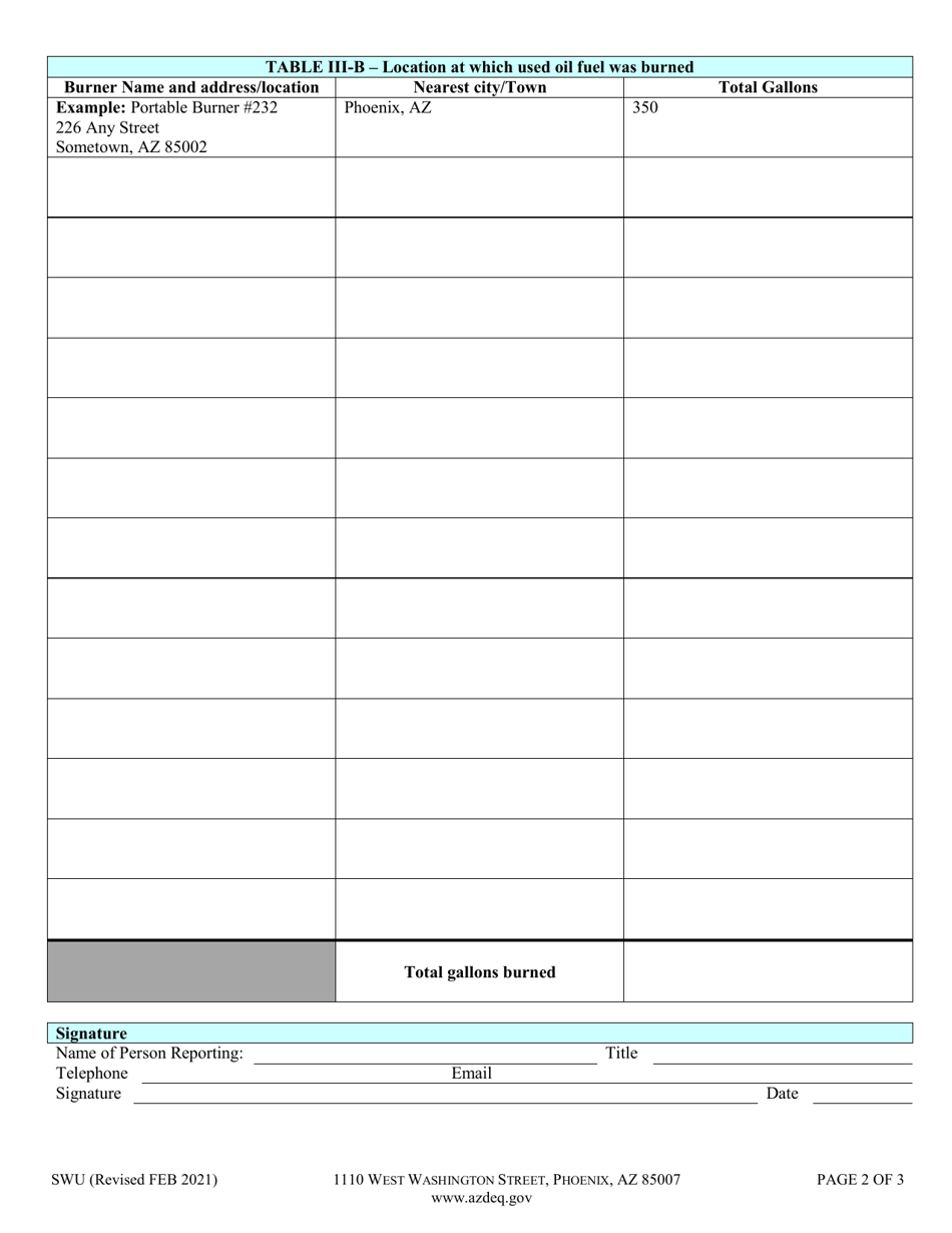 Form SWU Used Oil Burner Annual Report - Arizona, Page 4