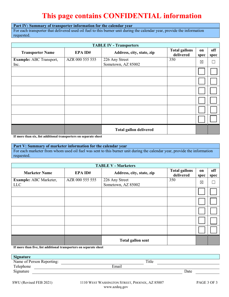 Form SWU Used Oil Burner Annual Report - Arizona, Page 5
