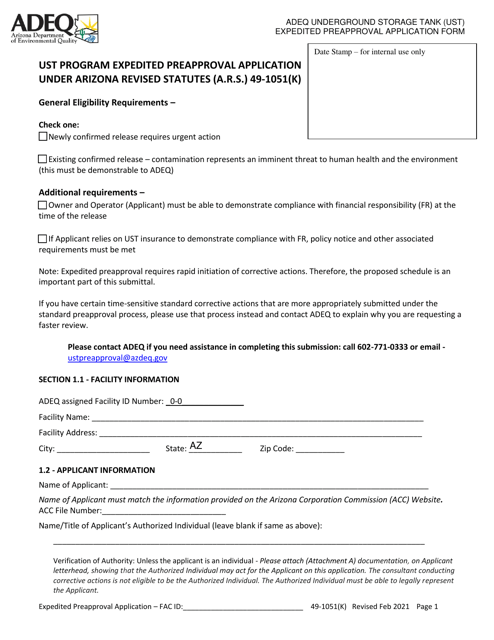 Adeq Underground Storage Tank (Ust) Expedited Preapproval Application Form - Arizona Download Pdf