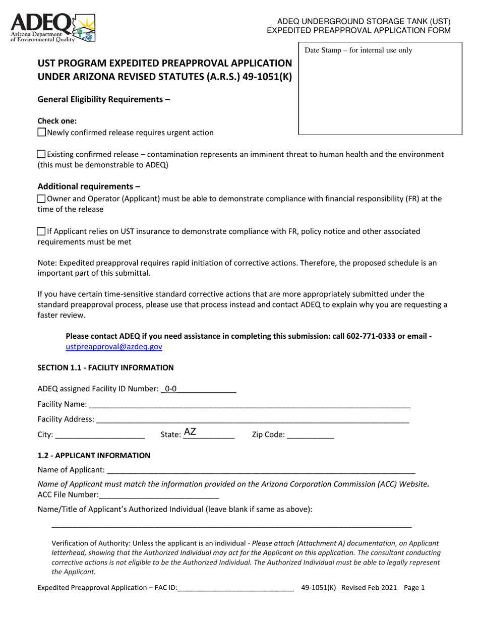 Adeq Underground Storage Tank (Ust) Expedited Preapproval Application Form - Arizona, Page 1