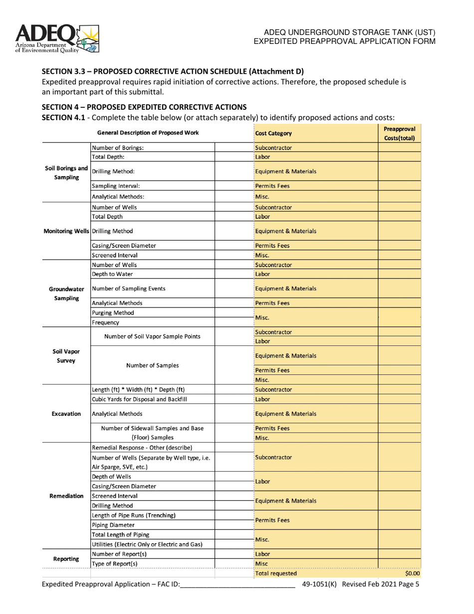 Adeq Underground Storage Tank (Ust) Expedited Preapproval Application Form - Arizona, Page 5
