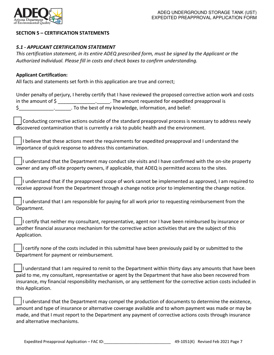 Adeq Underground Storage Tank (Ust) Expedited Preapproval Application Form - Arizona, Page 7