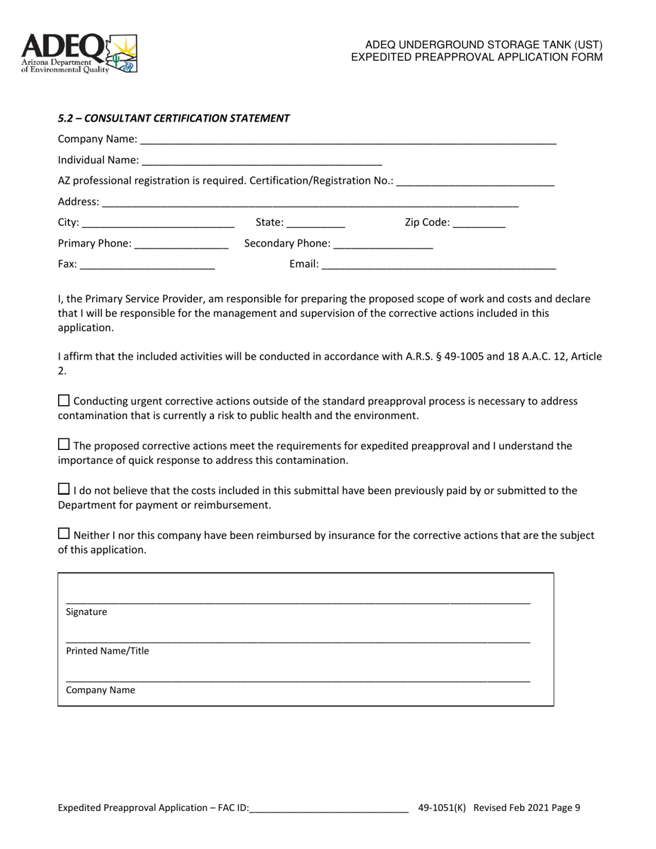 Adeq Underground Storage Tank (Ust) Expedited Preapproval Application Form - Arizona, Page 9
