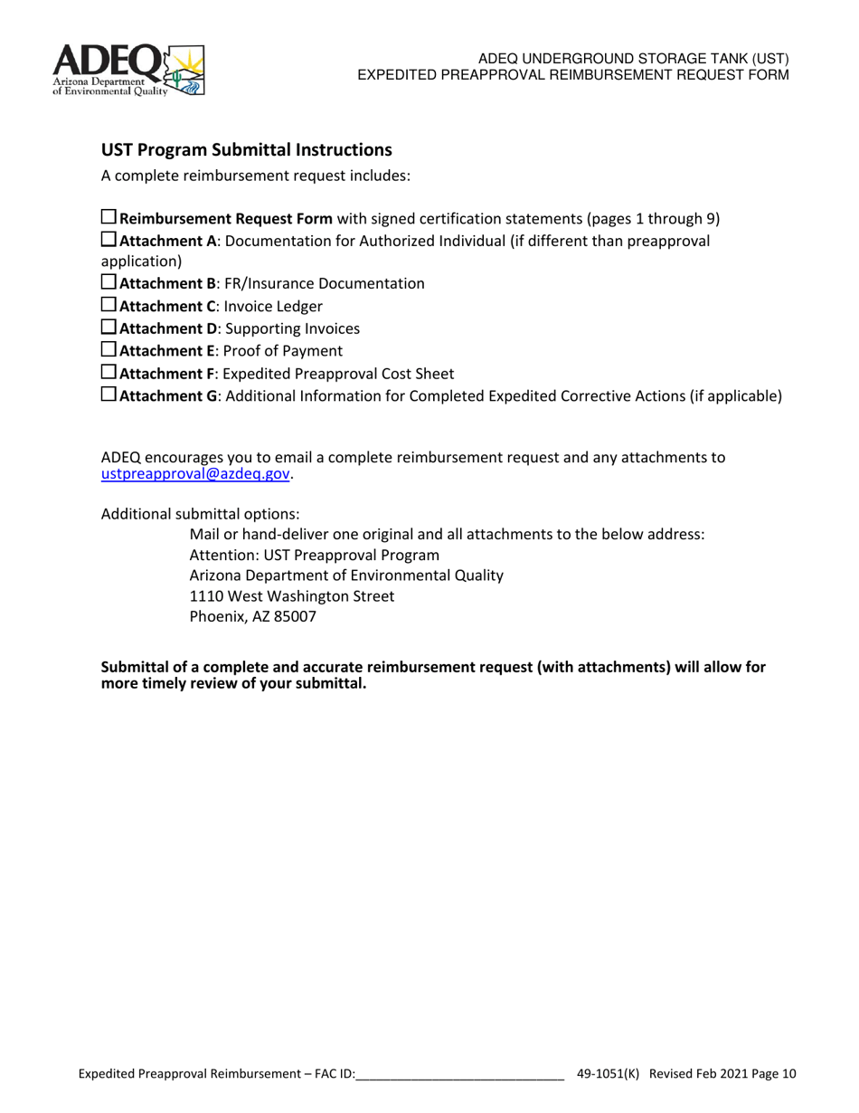 Adeq Underground Storage Tank (Ust) Expedited Preapproval Reimbursement Request Form - Arizona, Page 10