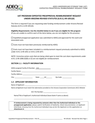 Adeq Underground Storage Tank (Ust) Expedited Preapproval Reimbursement Request Form - Arizona