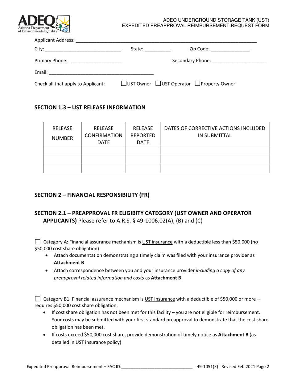Adeq Underground Storage Tank (Ust) Expedited Preapproval Reimbursement Request Form - Arizona, Page 2