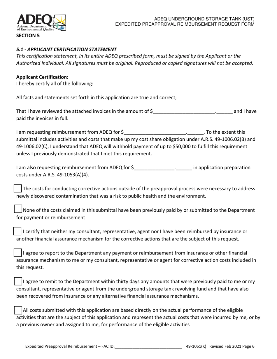 Adeq Underground Storage Tank (Ust) Expedited Preapproval Reimbursement Request Form - Arizona, Page 6