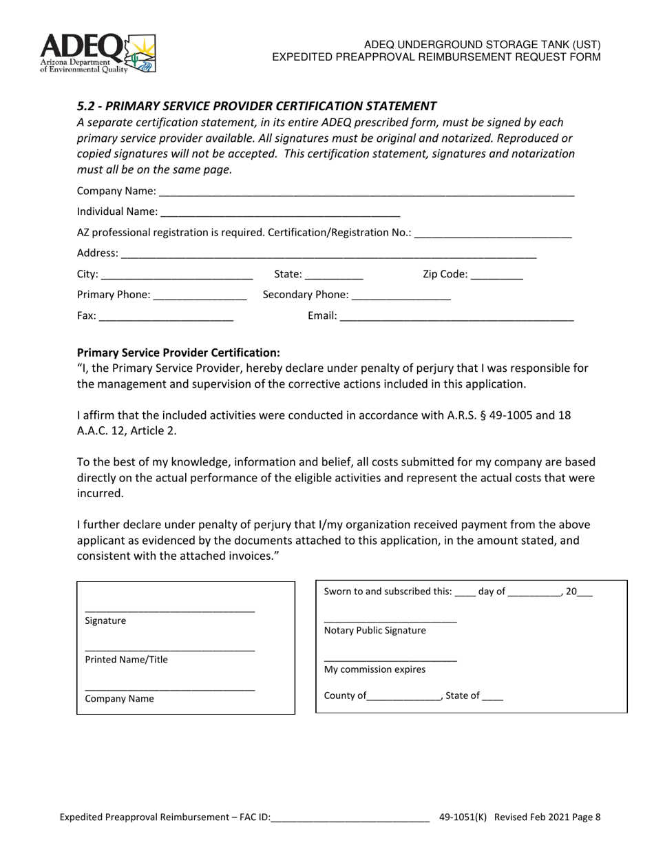 Adeq Underground Storage Tank (Ust) Expedited Preapproval Reimbursement Request Form - Arizona, Page 8