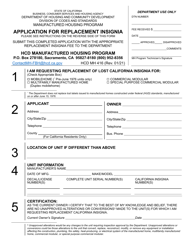 Document preview: Form HCD MH416 Application for Replacement Insignia - California