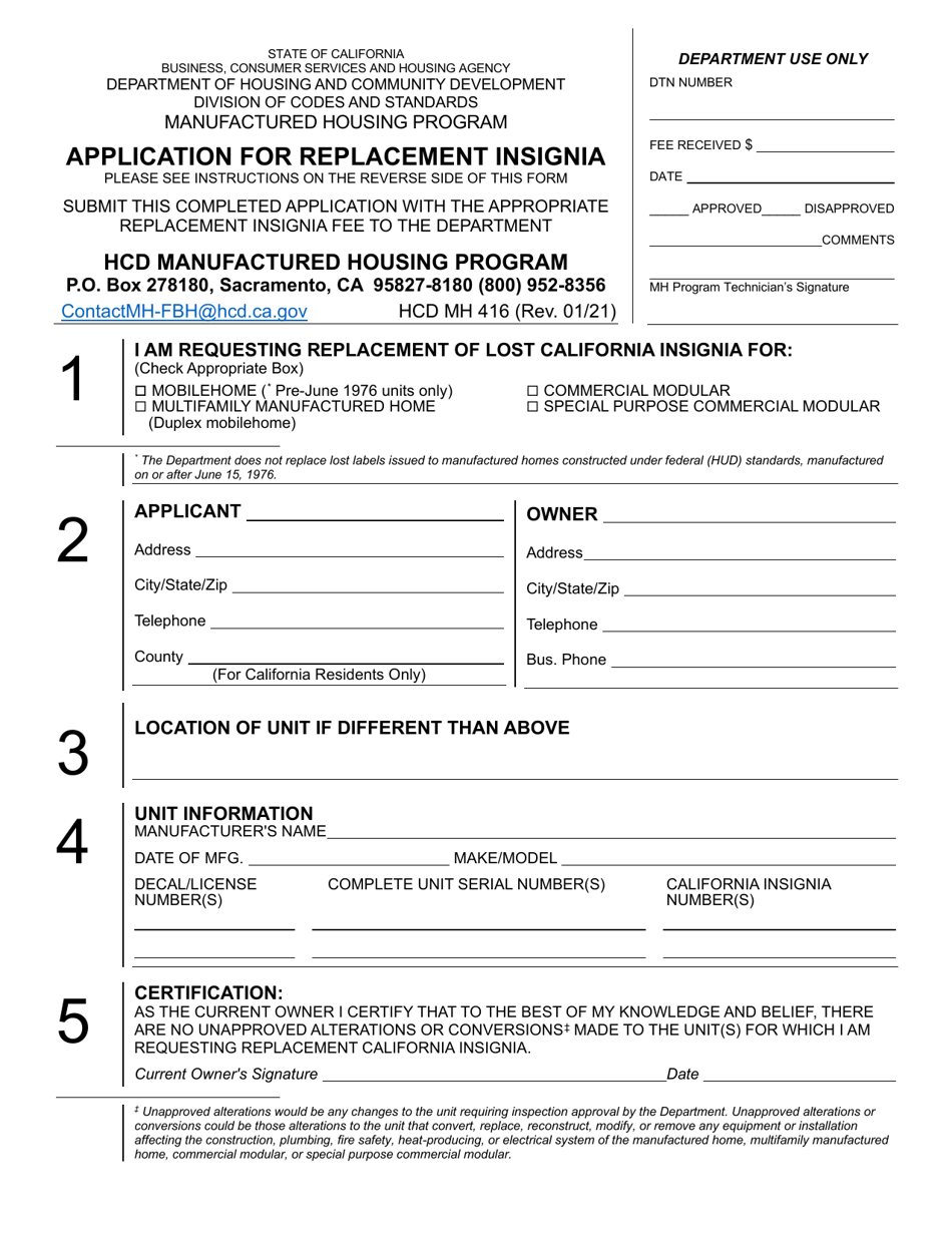 Form HCD MH416 Application for Replacement Insignia - California, Page 1