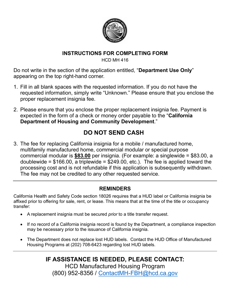 Form HCD MH416 Application for Replacement Insignia - California, Page 2