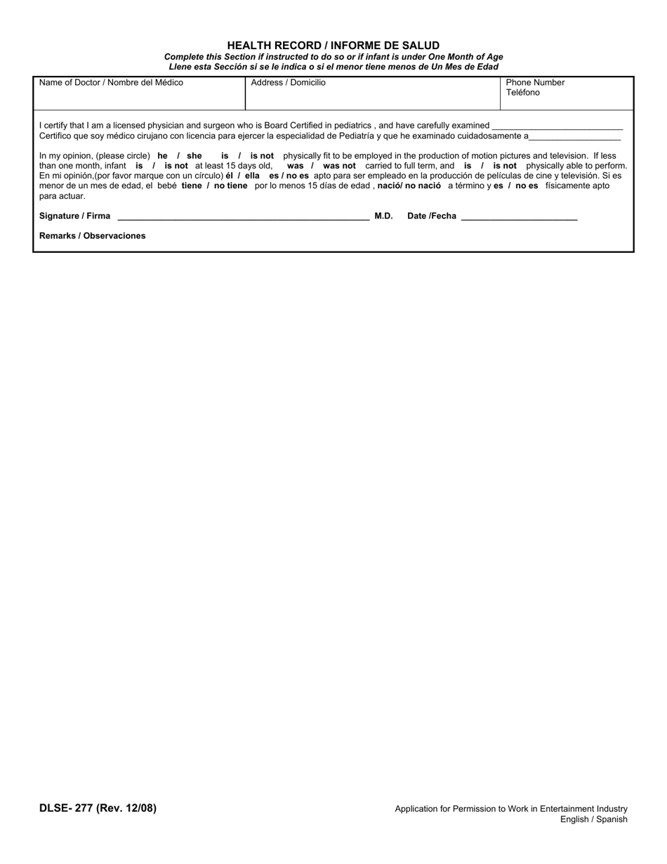 Form DLSE-277 Application for Permission to Work in the Entertainment Industry - California (English / Spanish), Page 2