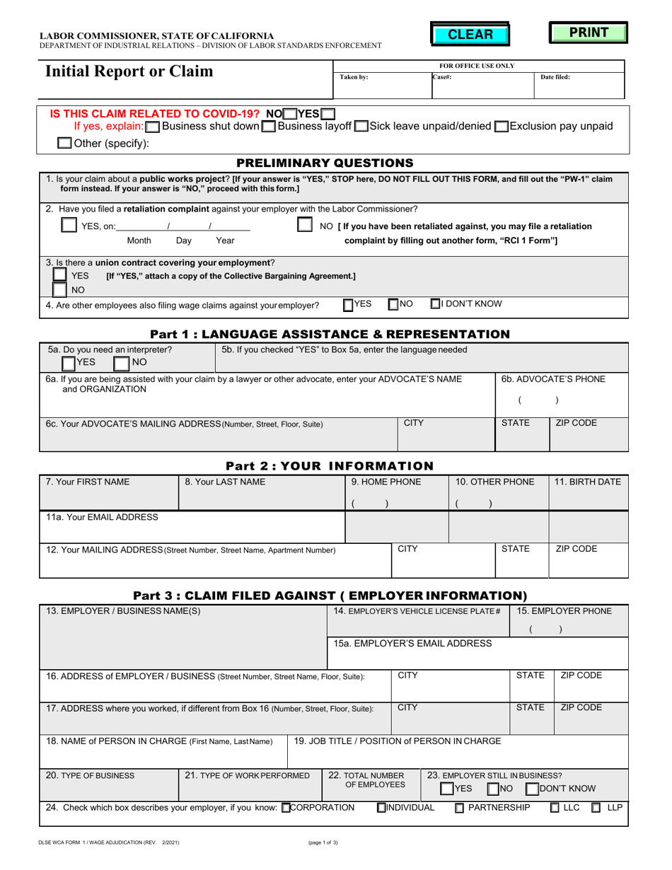 DLSE WCA Form 1 Initial Report or Claim - California, Page 1