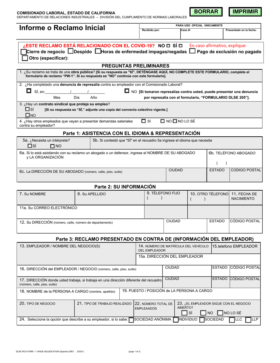 DLSE WCA Formulario 1 Download Fillable PDF or Fill Online