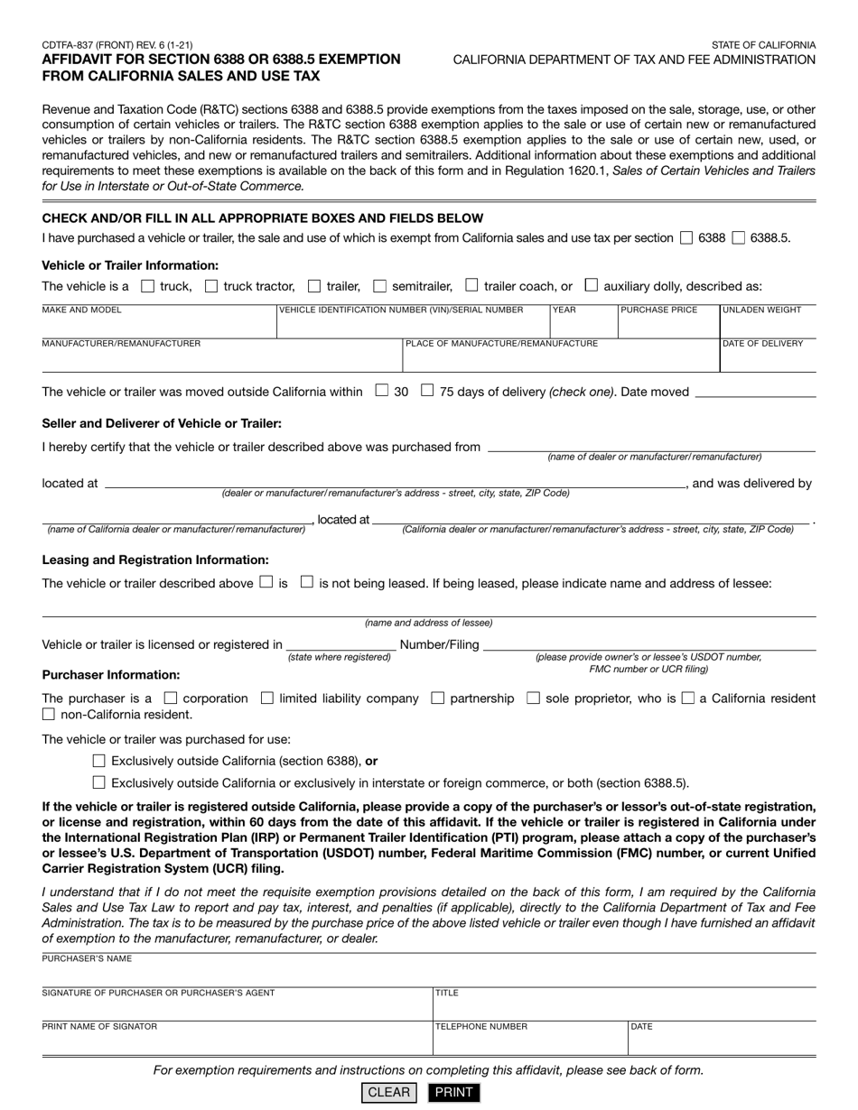 Form CDTFA-837 Download Fillable PDF or Fill Online Affidavit for ...