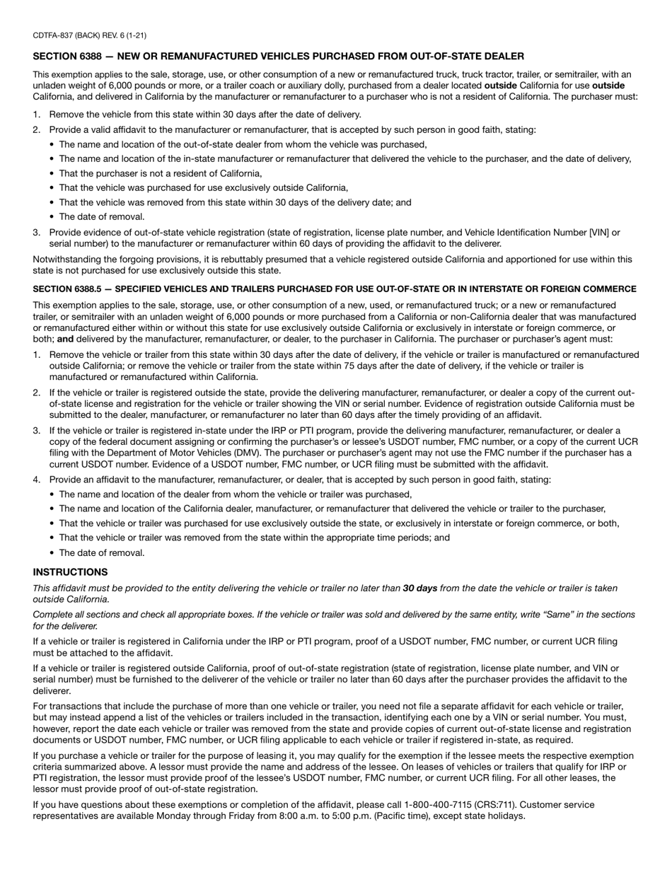 Form CDTFA-837 Affidavit for Section 6388 or 6388.5 Exemption From California Sales and Use Tax - California, Page 2