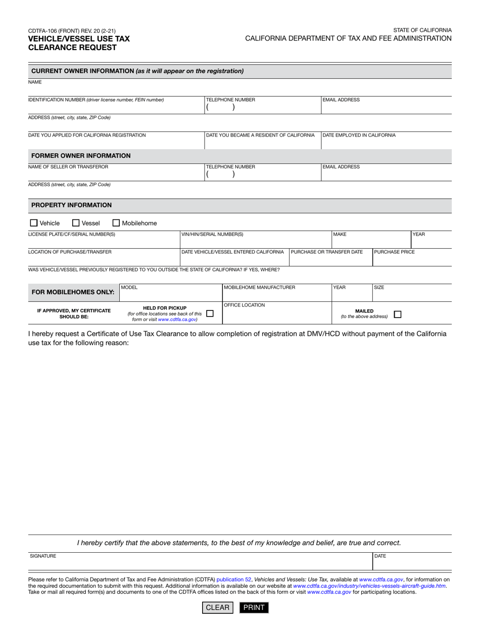 Form CDTFA-106 Vehicle / Vessel Use Tax Clearance Request - California, Page 2