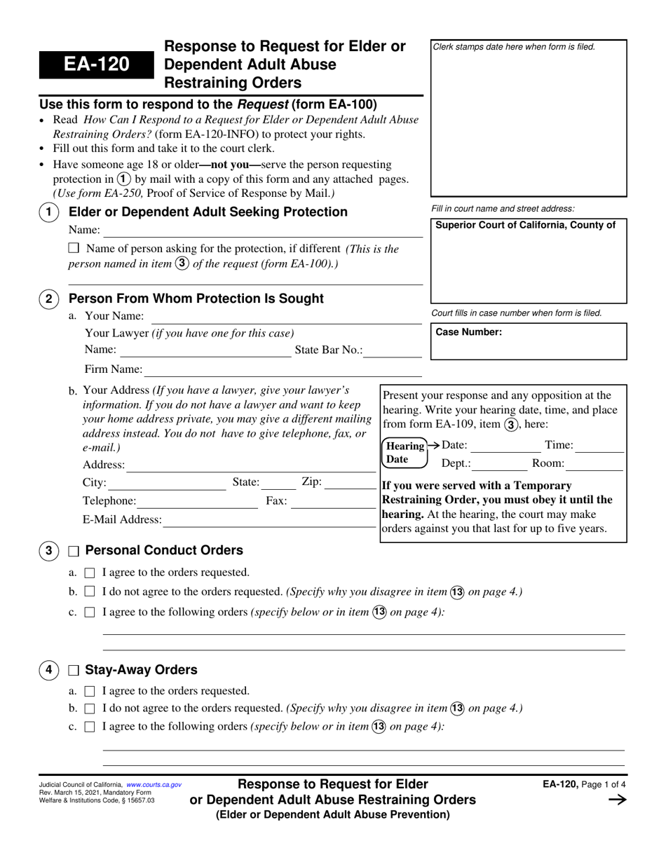Form EA-120 Response to Request for Elder or Dependent Adult Abuse Restraining Orders - California, Page 1