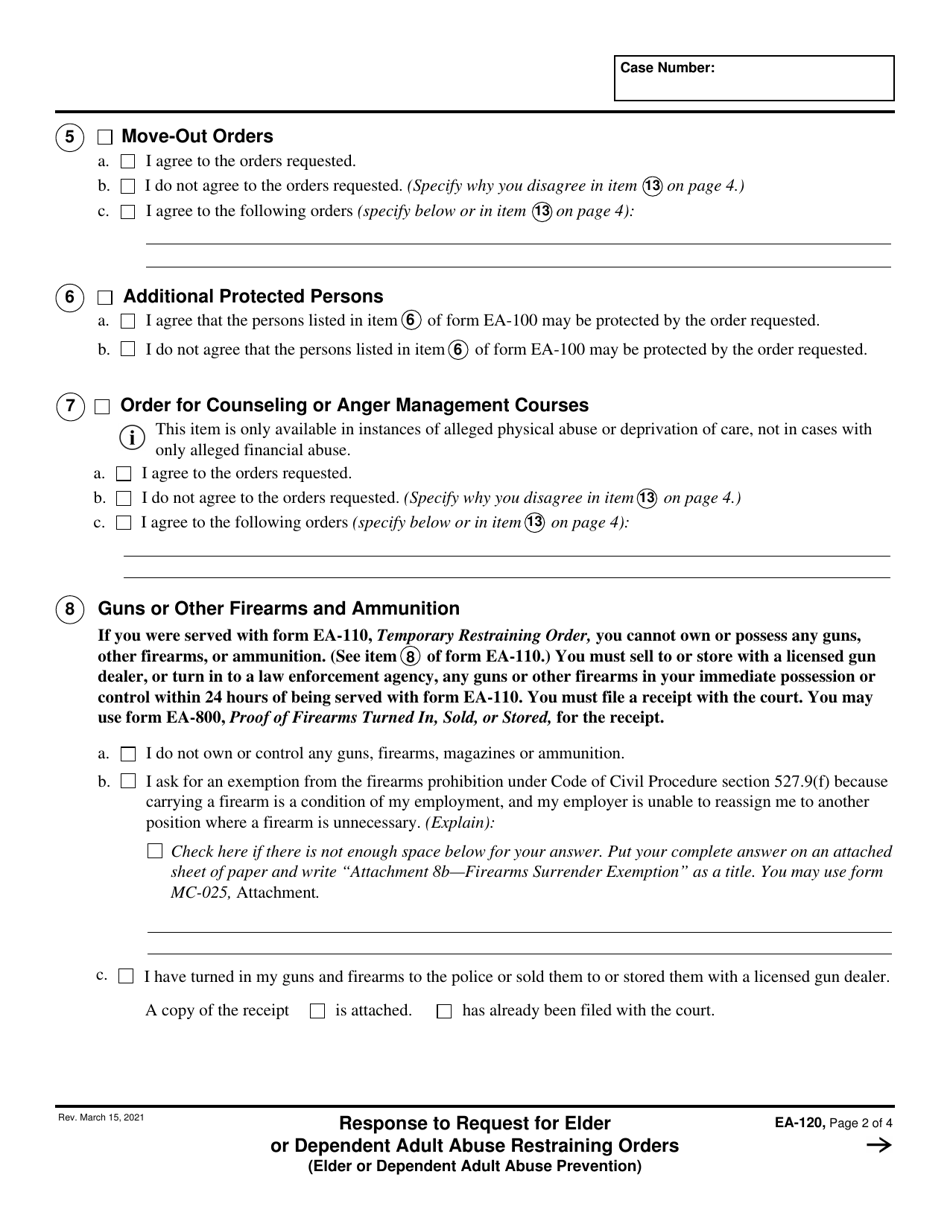 Form EA-120 Response to Request for Elder or Dependent Adult Abuse Restraining Orders - California, Page 2