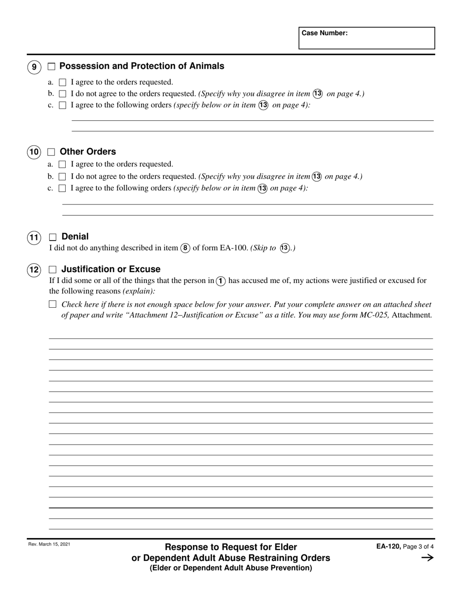 Form EA-120 Response to Request for Elder or Dependent Adult Abuse Restraining Orders - California, Page 3