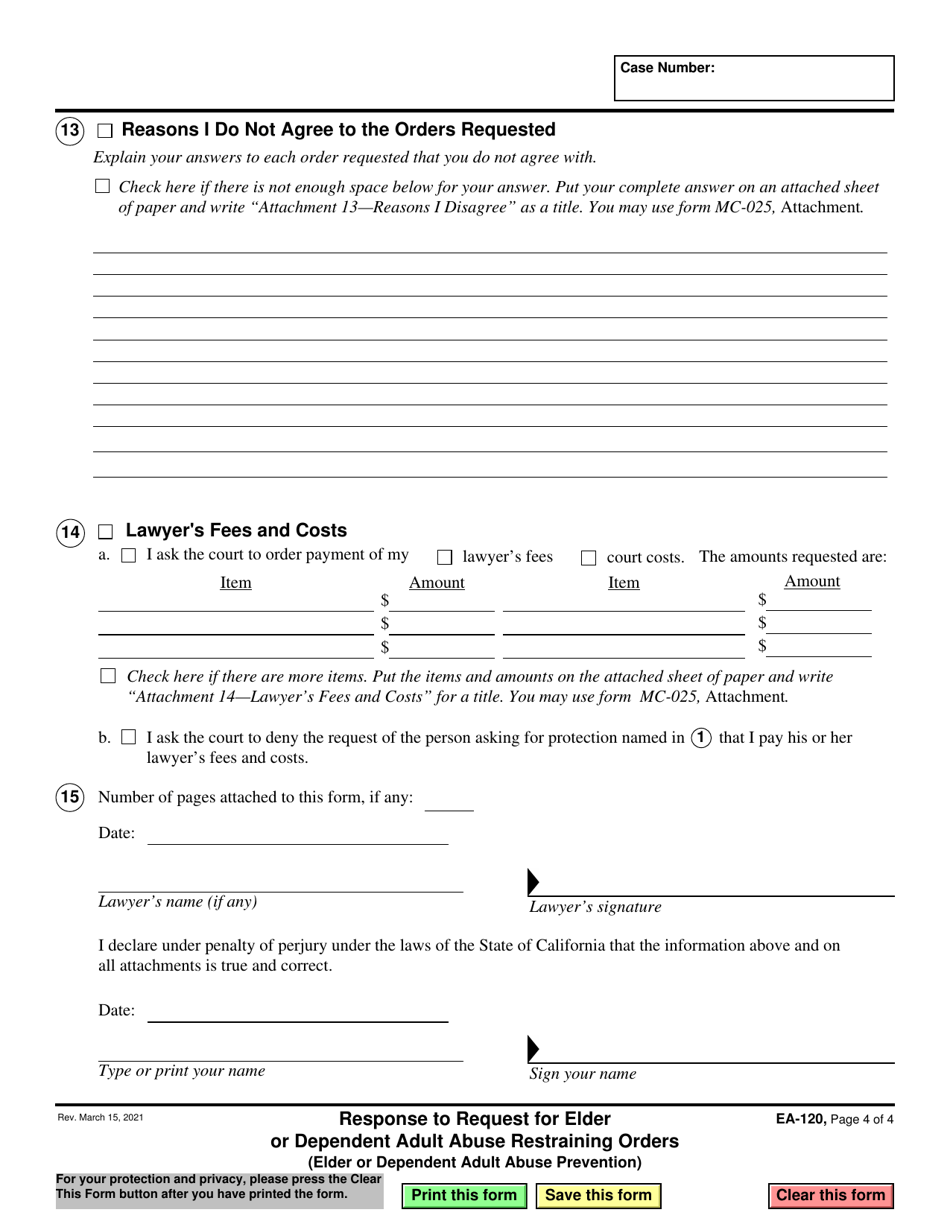 Form EA-120 Response to Request for Elder or Dependent Adult Abuse Restraining Orders - California, Page 4