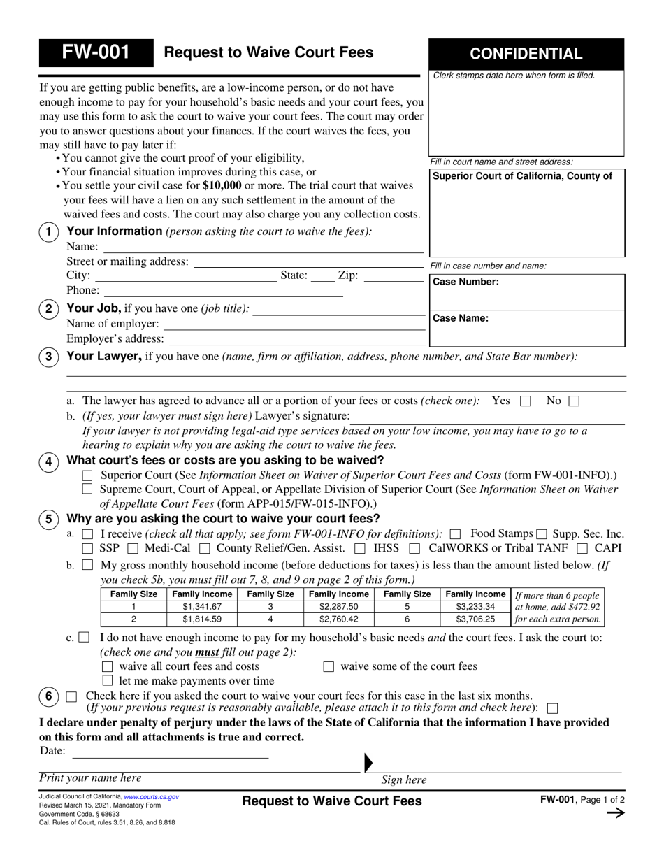 Form FW-001 Request to Waive Court Fees - California, Page 1