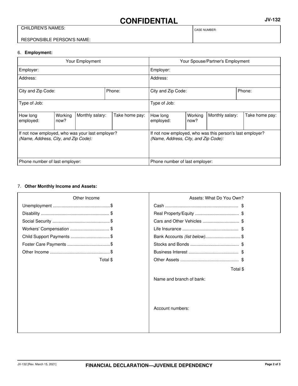 Form JV-132 Financial Declaration - Juvenile Dependency - California, Page 2
