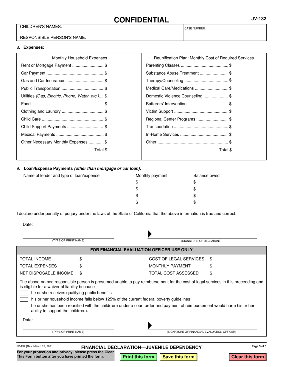 Form JV-132 Financial Declaration - Juvenile Dependency - California, Page 3