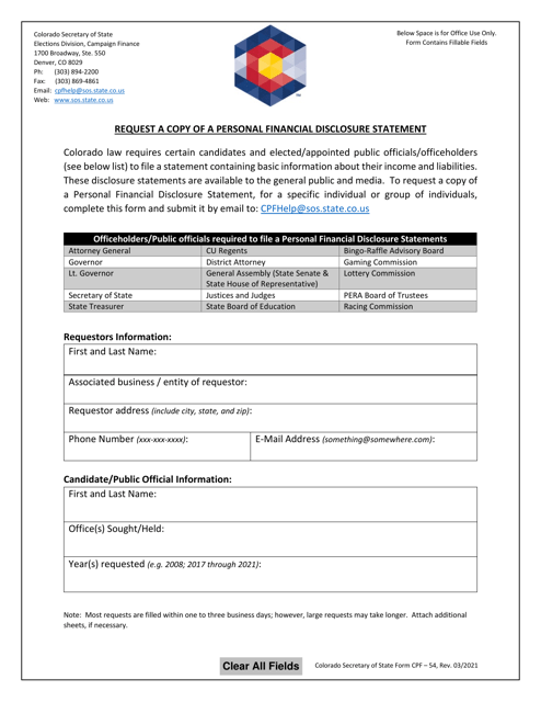 Form CPF-54 Request a Copy of a Personal Financial Disclosure Statement - Colorado
