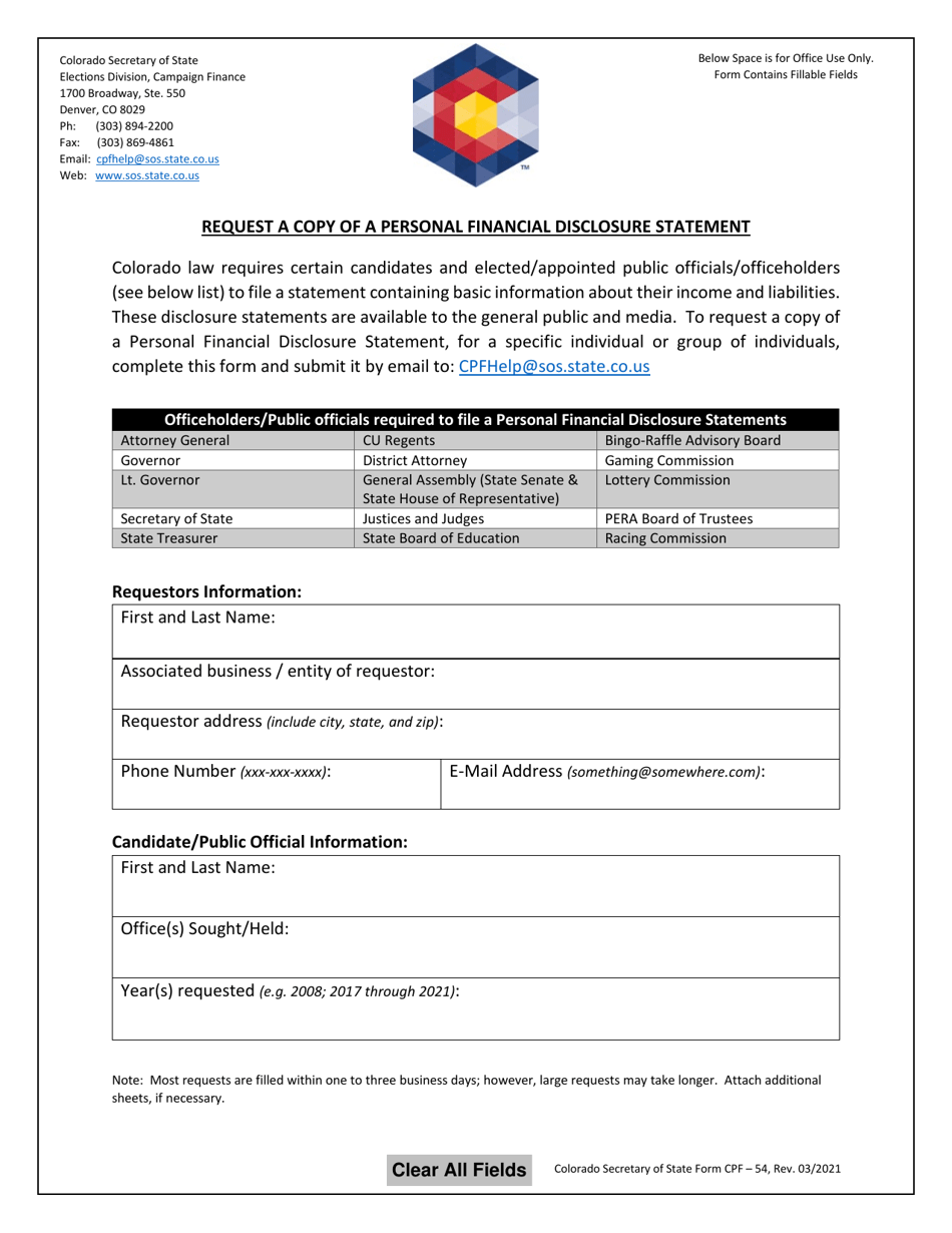 Form CPF-54 Request a Copy of a Personal Financial Disclosure Statement - Colorado, Page 1