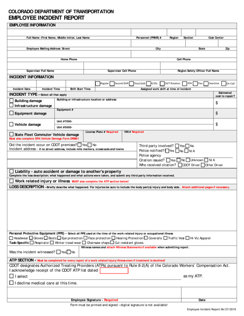 CDOT Form 777 Employee Incident Report - Colorado
