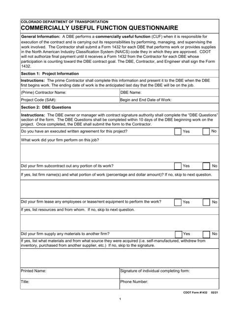 CDOT Form 1432  Printable Pdf