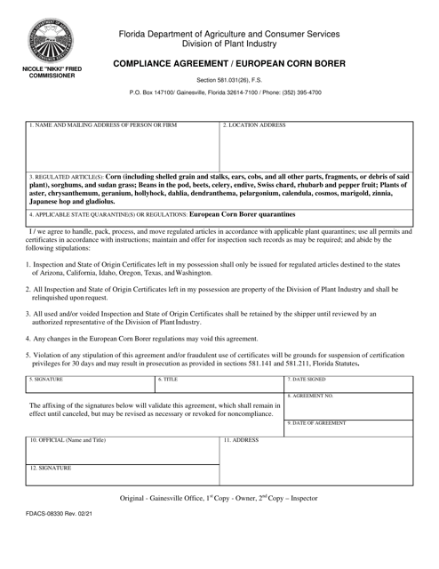 Form FDACS-08330 Compliance Agreement/European Corn Borer - Florida