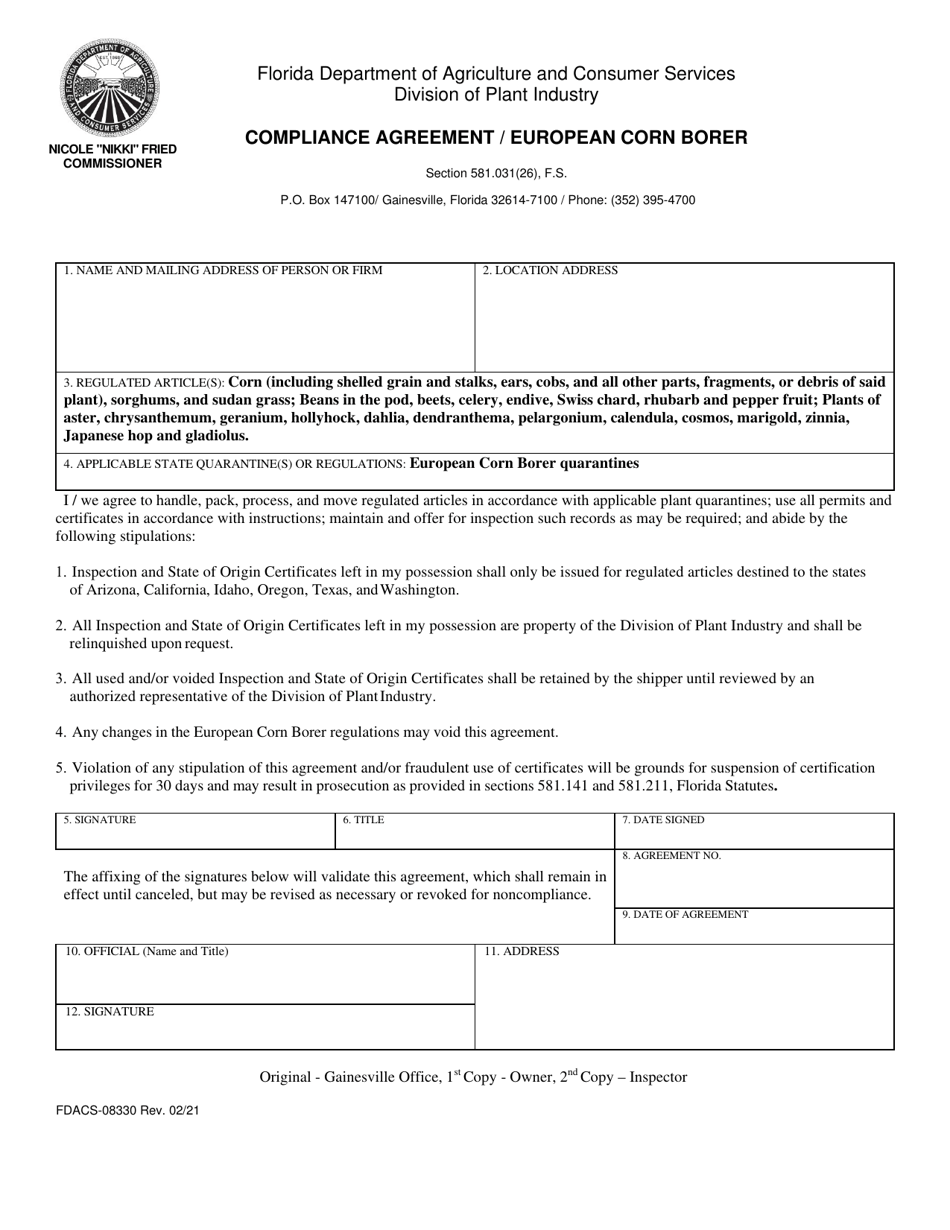 Form FDACS-08330 Compliance Agreement / European Corn Borer - Florida, Page 1