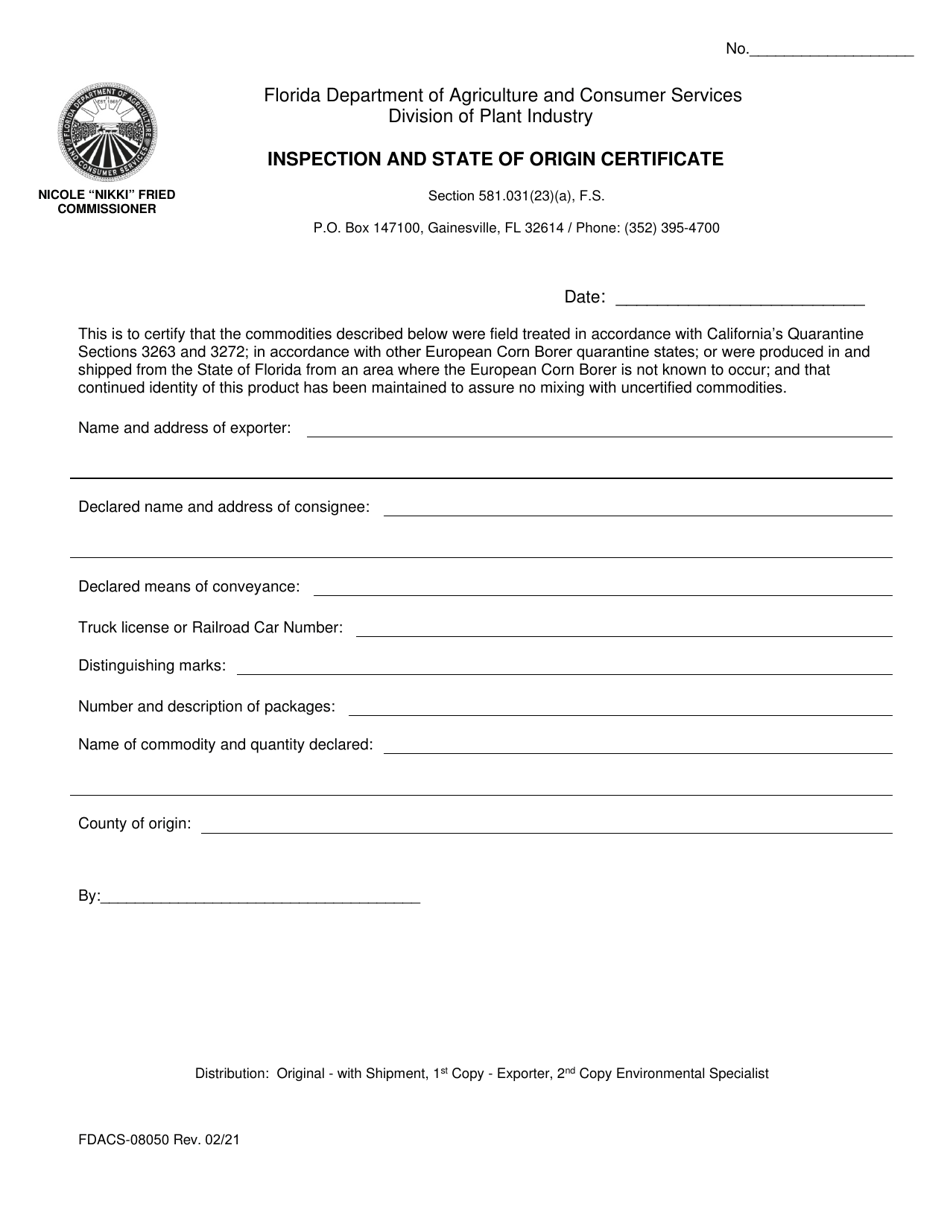 Form FDACS-08050 Inspection and State of Origin Certificate - Florida, Page 1