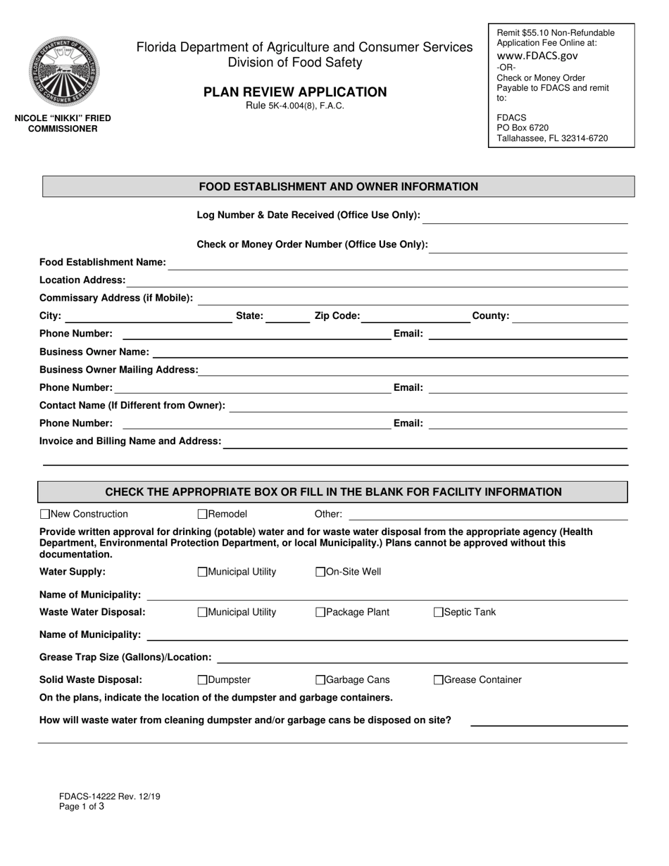 Form FDACS-14222 Plan Review Application - Florida, Page 1