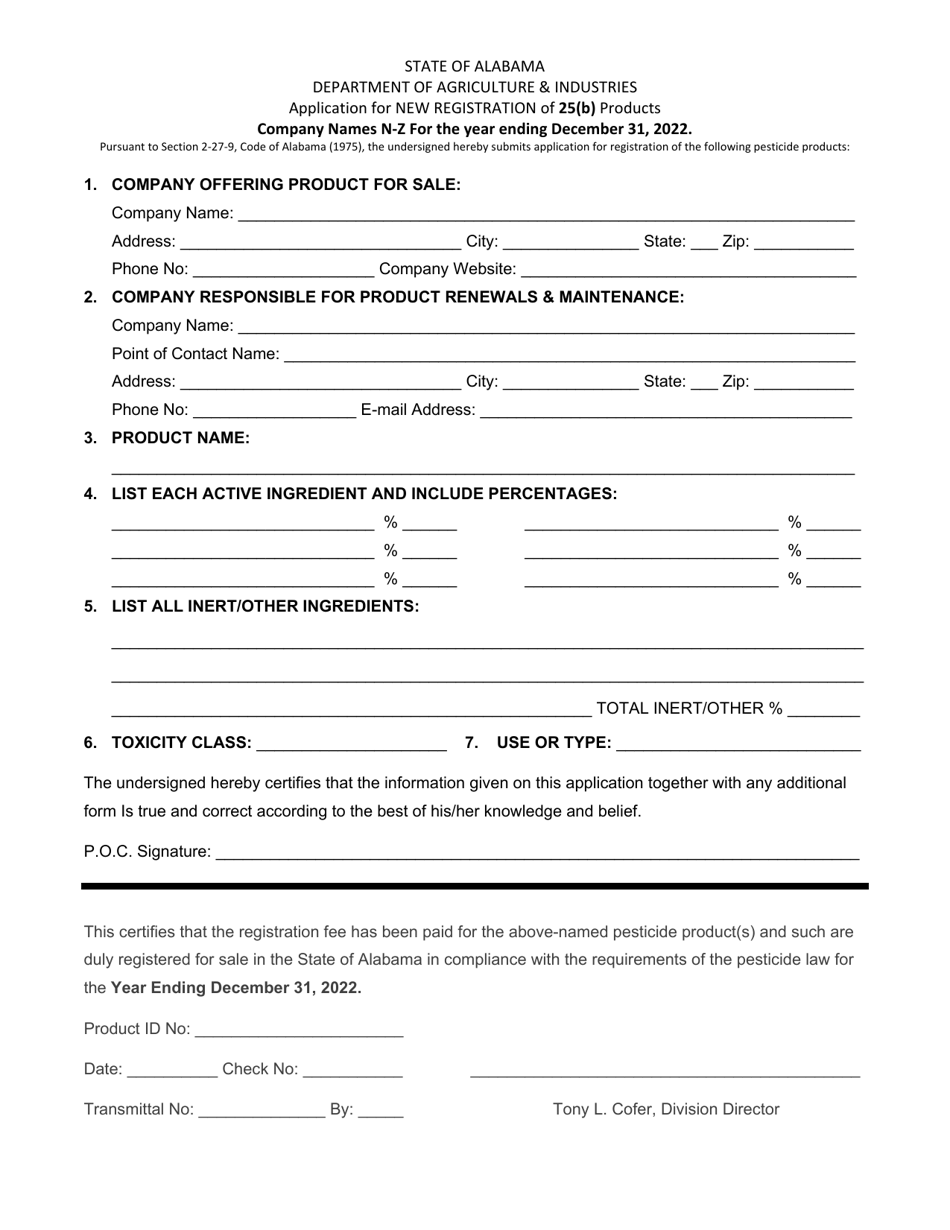 Application for New Registration of 25(B) Products - Company Names N-Z - Alabama, Page 3