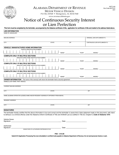 Form MVT5-64 Notice of Continuous Security Interest or Lien Perfection - Alabama