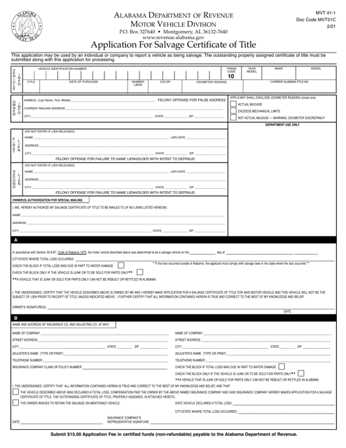 Form MVT41-1 Application for Salvage Certificate of Title - Alabama