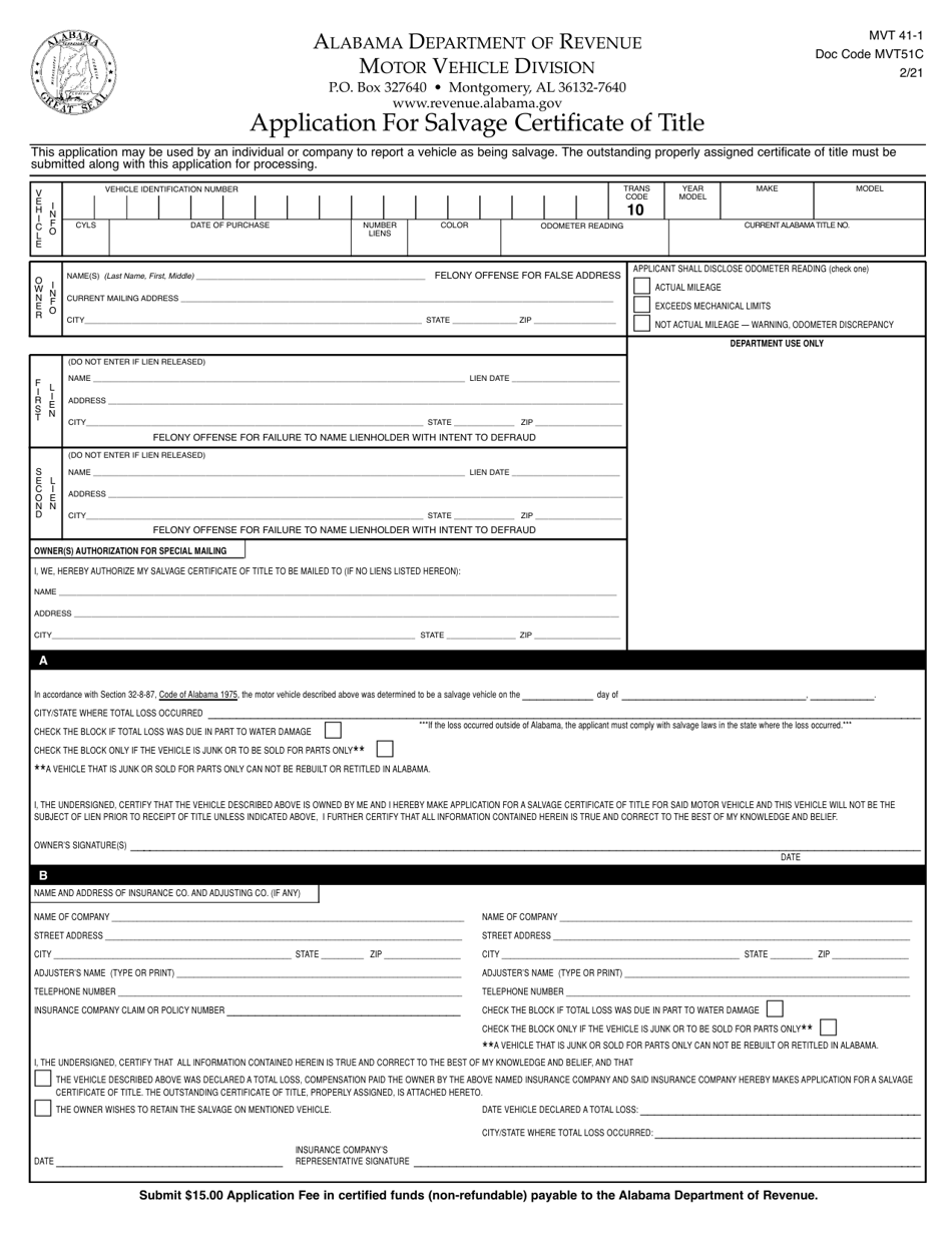 Form MVT41-1 Application for Salvage Certificate of Title - Alabama, Page 1
