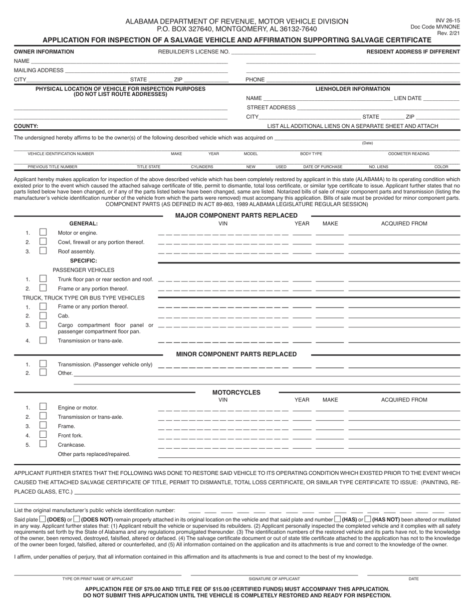 Form INV26-15 Application for Inspection of a Salvage Vehicle and Affirmation Supporting Salvage Certificate - Alabama, Page 1