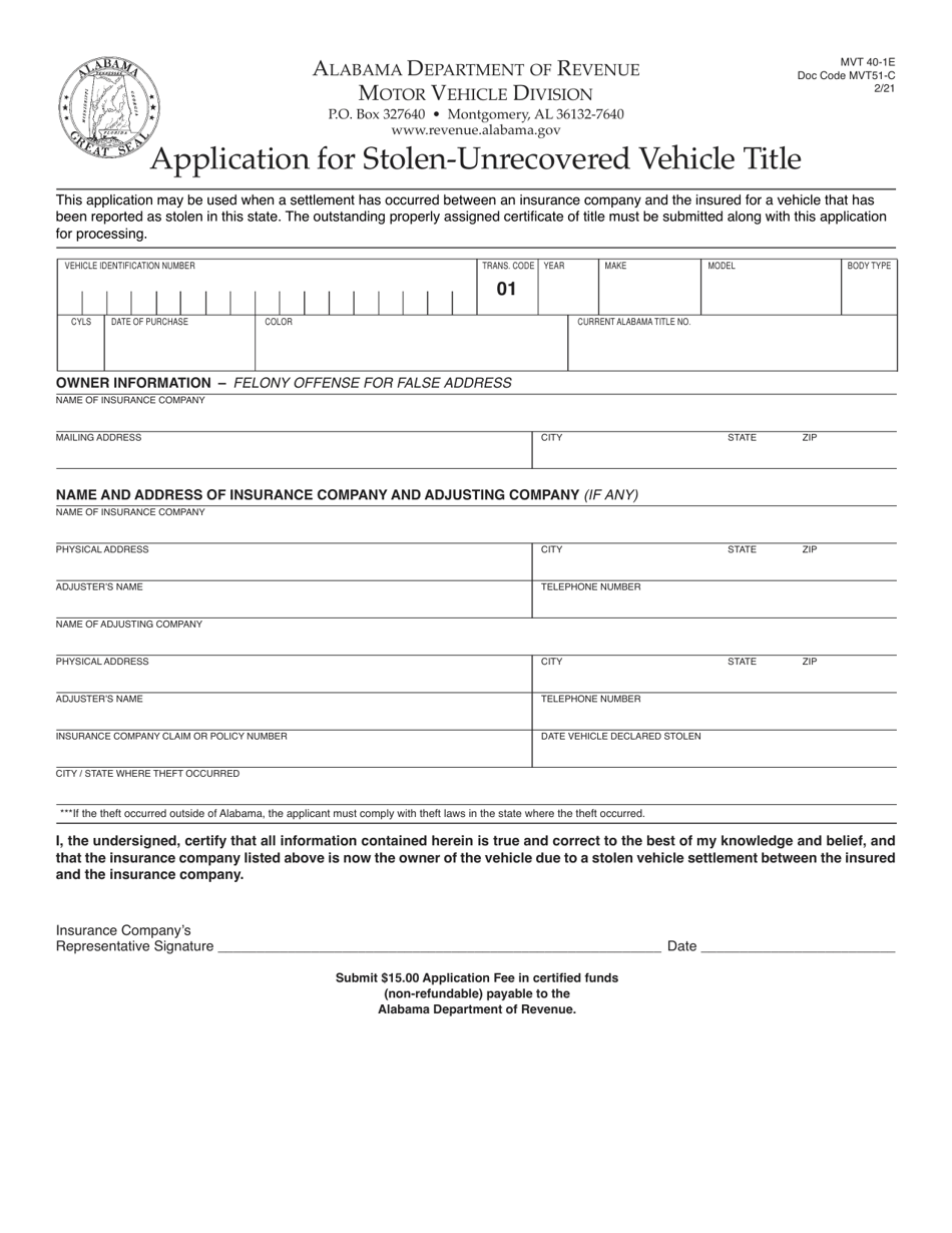 Form MVT40-1E Application for Stolen-Unrecovered Vehicle Title - Alabama, Page 1